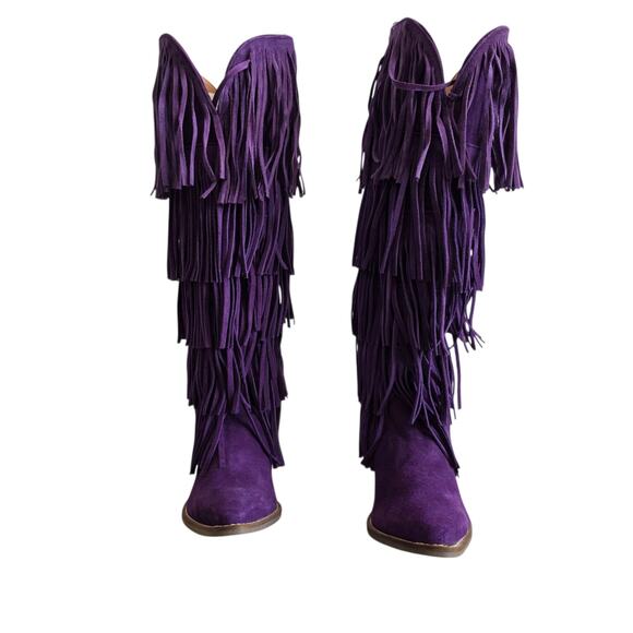 Dingo Women's Size 8 Purple Wild Child Tall Suede Leather Fringe Heeled Boots - Picture 2 of 7